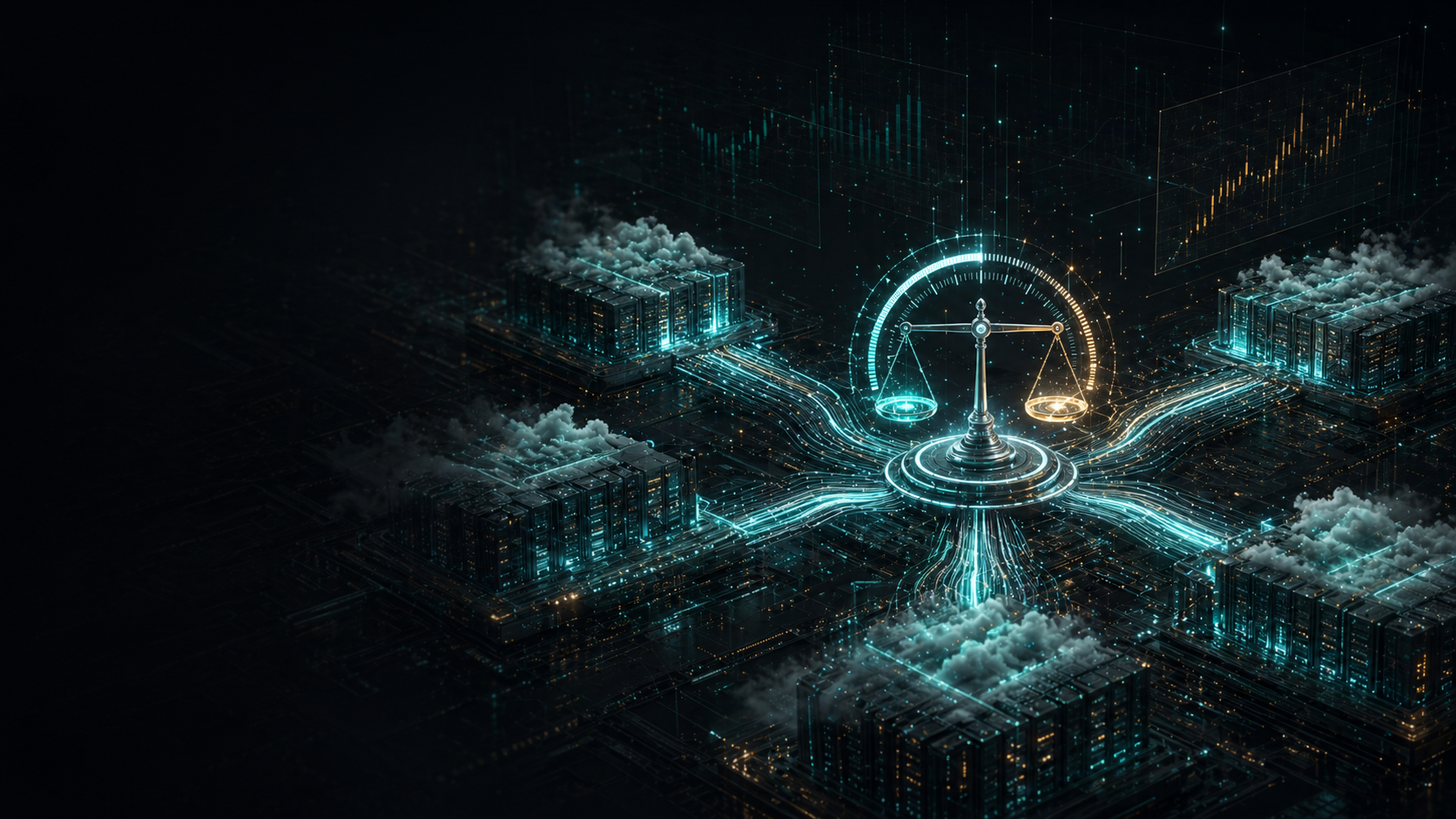 Abstract editorial visualization of AI data centers, market signals, and a balance scale representing Big Tech's AI spending test