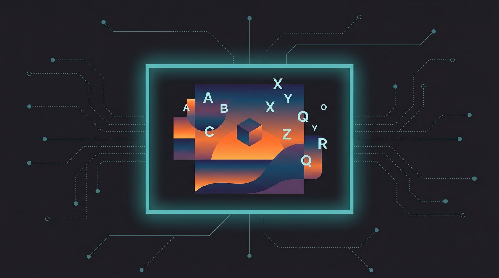 Abstract editorial illustration representing AI image generation with crisp typography and layered shapes inside a glowing teal frame