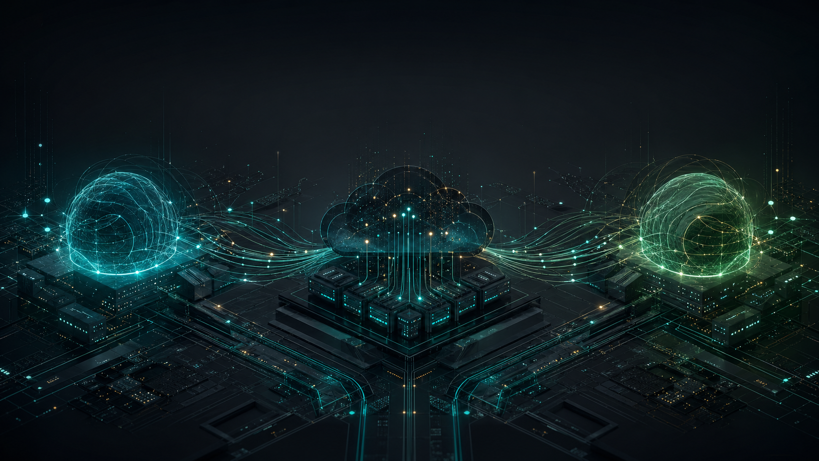 Abstract visualization of two AI compute clusters connected through a central cloud infrastructure exchange