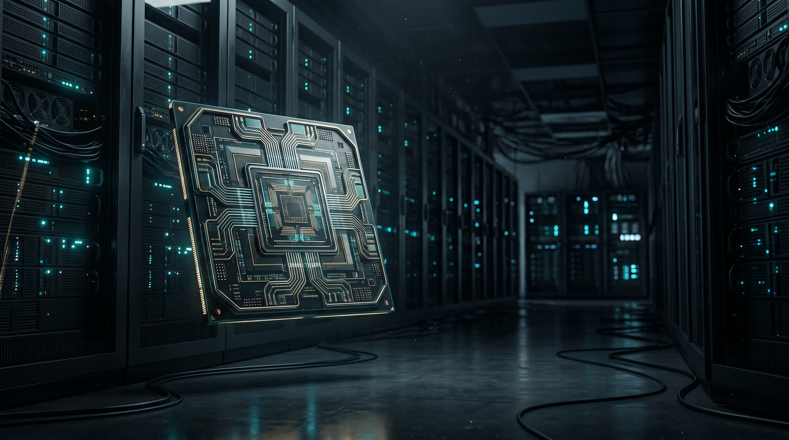 Stylized AI inference chip floating in a data center aisle