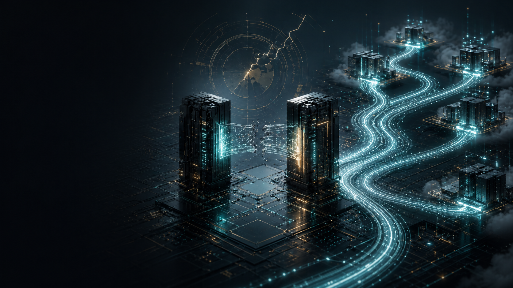 Abstract editorial visualization of two compute towers and branching cloud paths representing Microsoft and OpenAI rewriting their partnership