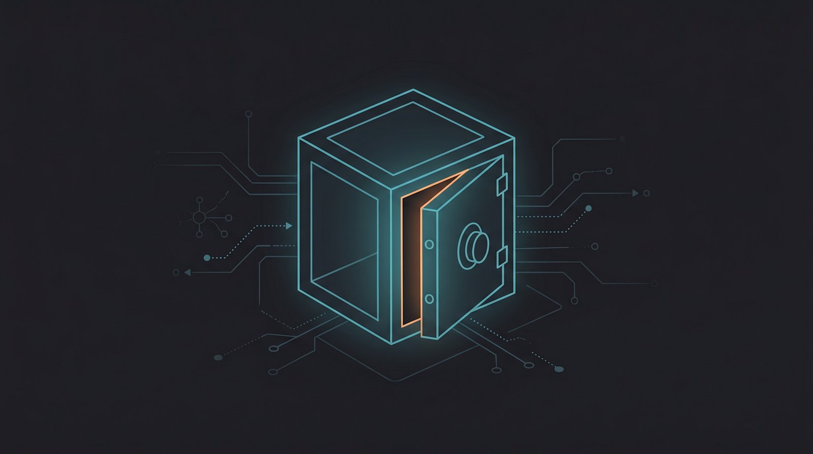 Editorial illustration of a glowing teal vault with its door slightly ajar, a warm light escaping through the opening, surrounded by network pathways on a dark charcoal background