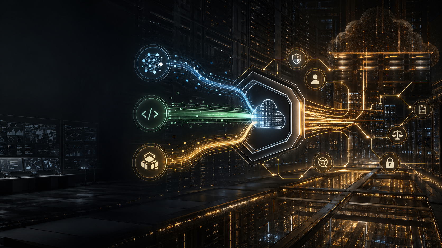 Enterprise cloud infrastructure with model, coding, and agent streams moving through a secure gateway into server systems