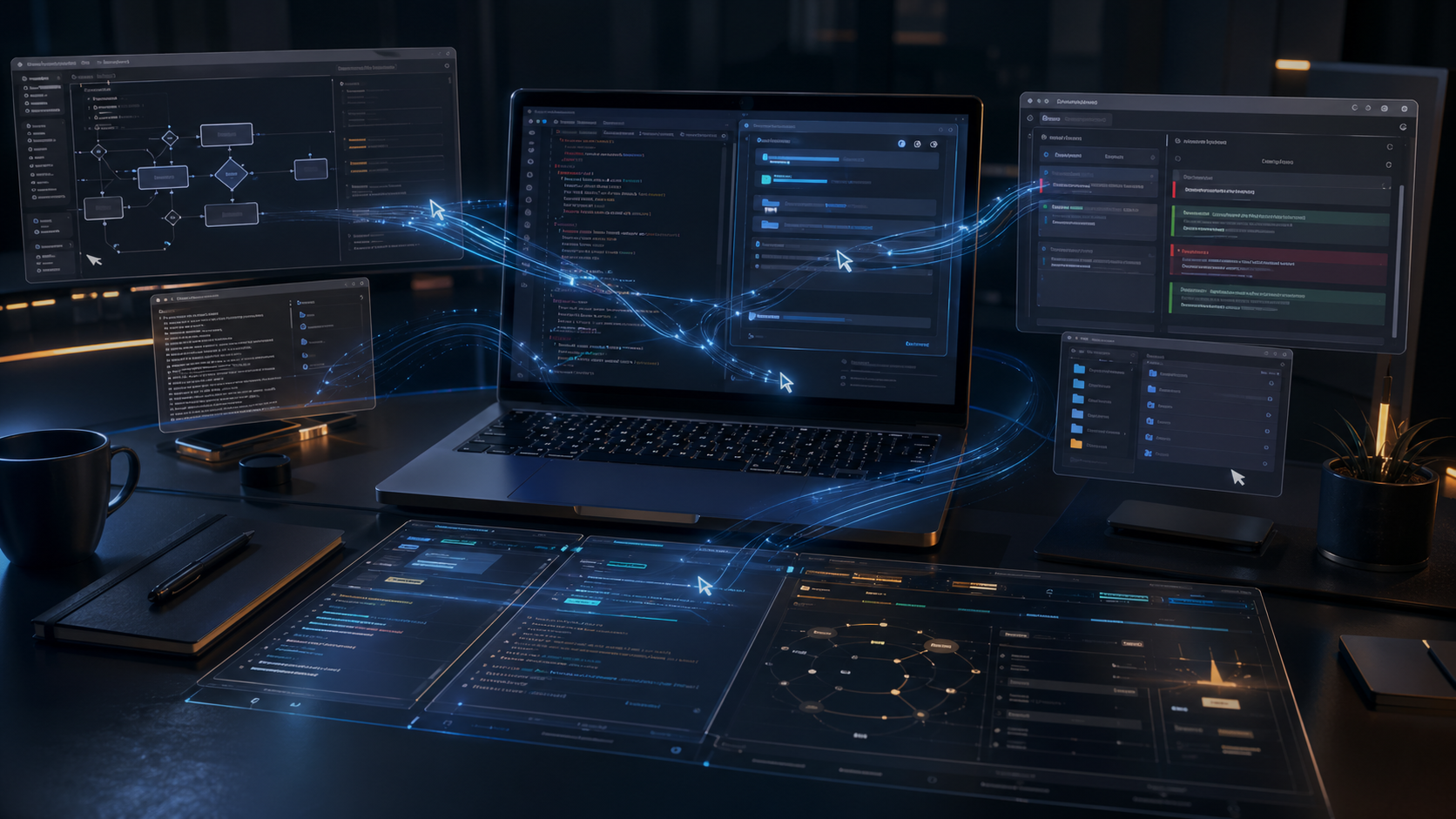 Editorial illustration of an AI coding agent operating desktop tools across code, browser, and task windows