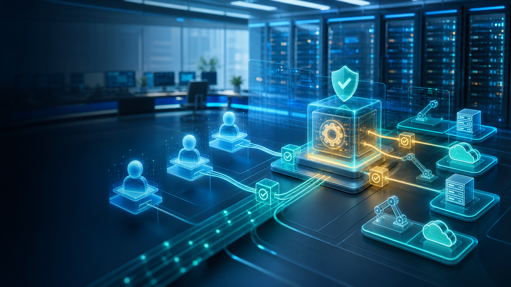 Governed enterprise automation workflow with AI agent requests flowing through approval gates to cloud infrastructure
