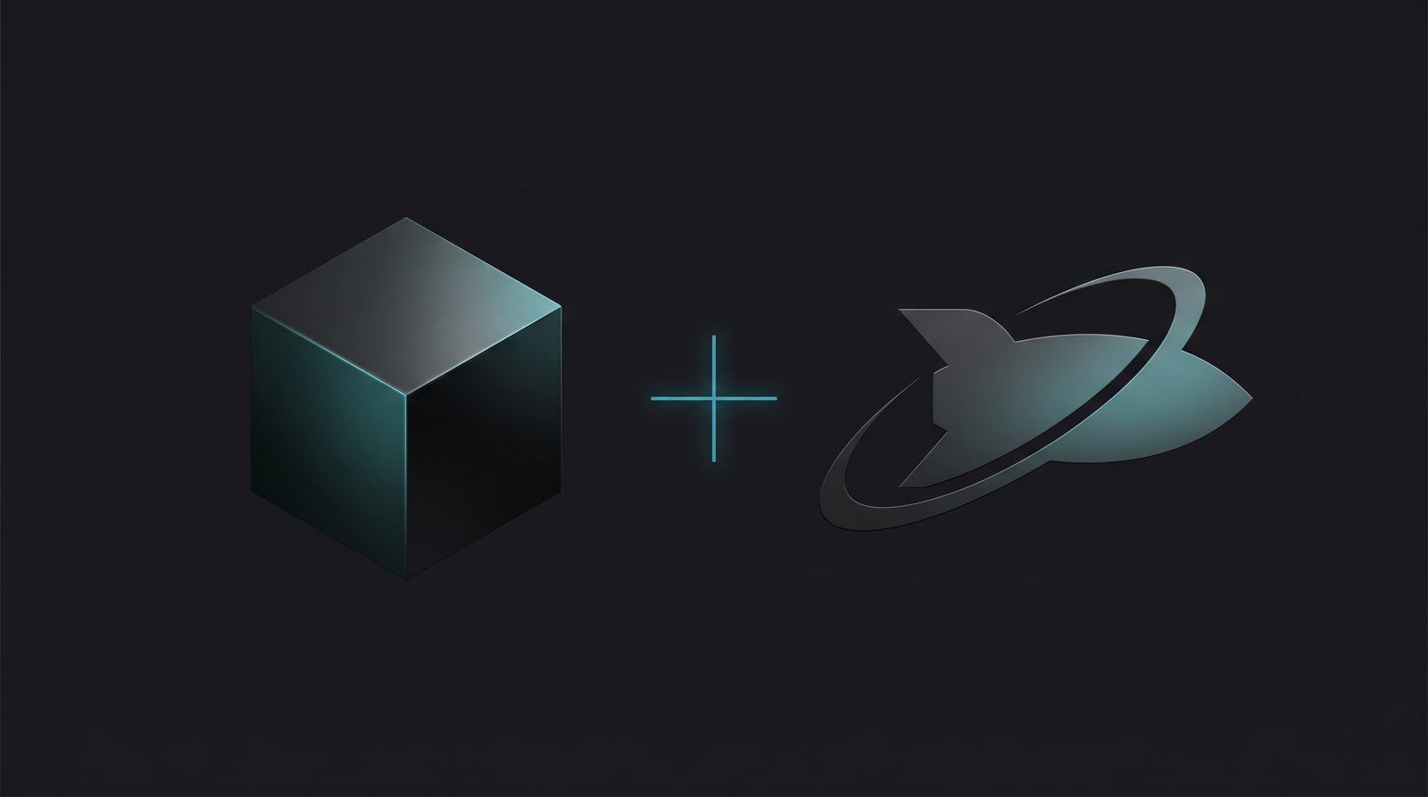 Stylized cube and rocket silhouettes joined by a glowing teal plus sign